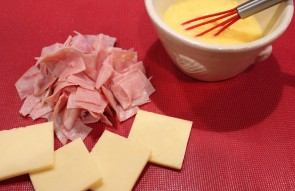 4. Chop 2 slices of ham & slice a French cheese into 4 squares. I used Beaufort-similar to Gruyere